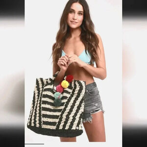 Billabong Talk to The Palm Black Striped Pompom Woven Tote Boho Beach Bag